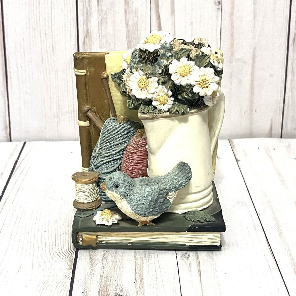 Cottagecore Bird & Flowers Bookend – Yarn Spools Knitting Decor, Farmhouse Style